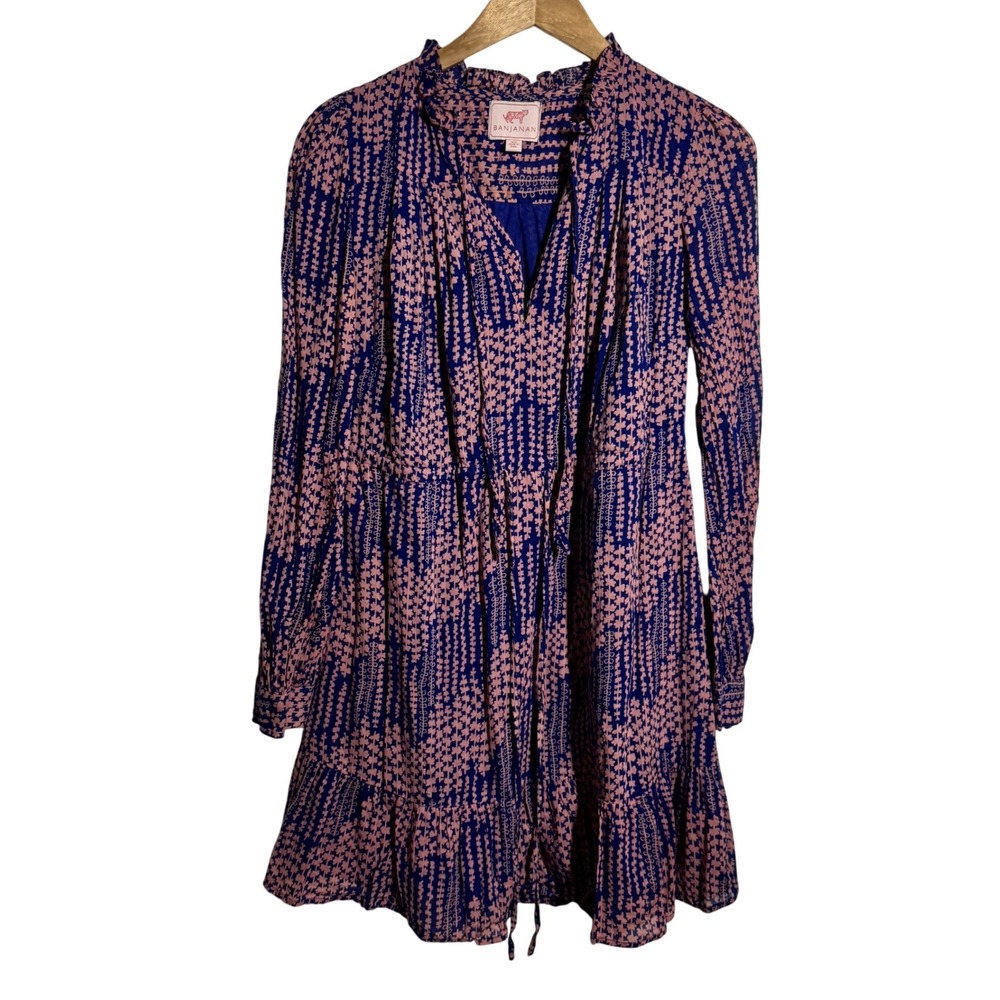 Banjanan Blue Pink Cotton Tiered Mini Dress Ruffle Neck XS 100% Cotton Novelty